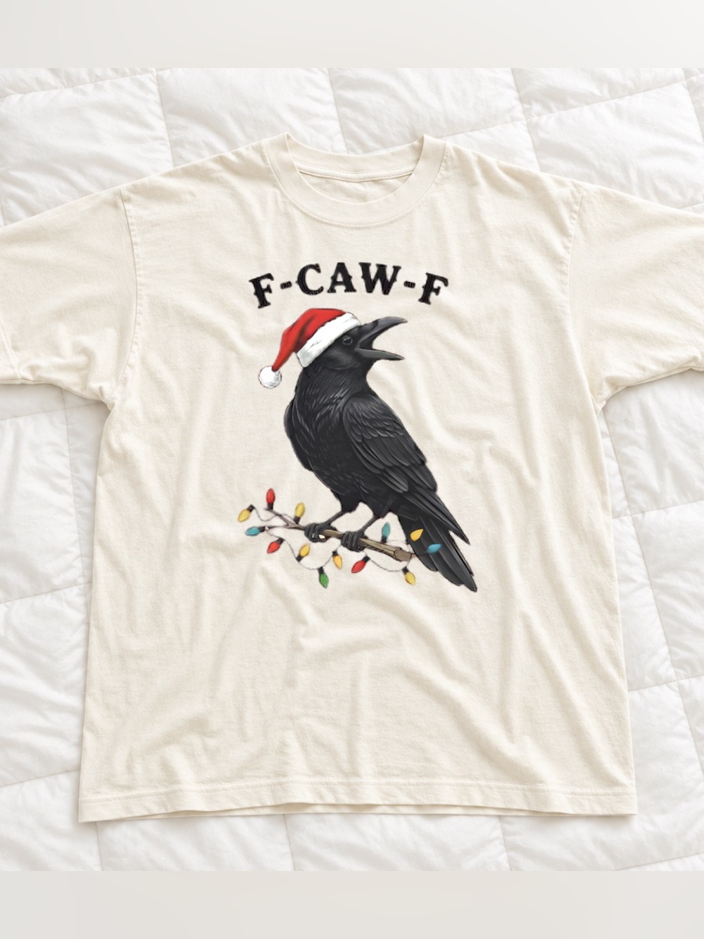 Gildan Cream Holiday Raven Tee, Vintage Raven Wearing a Santa Hat